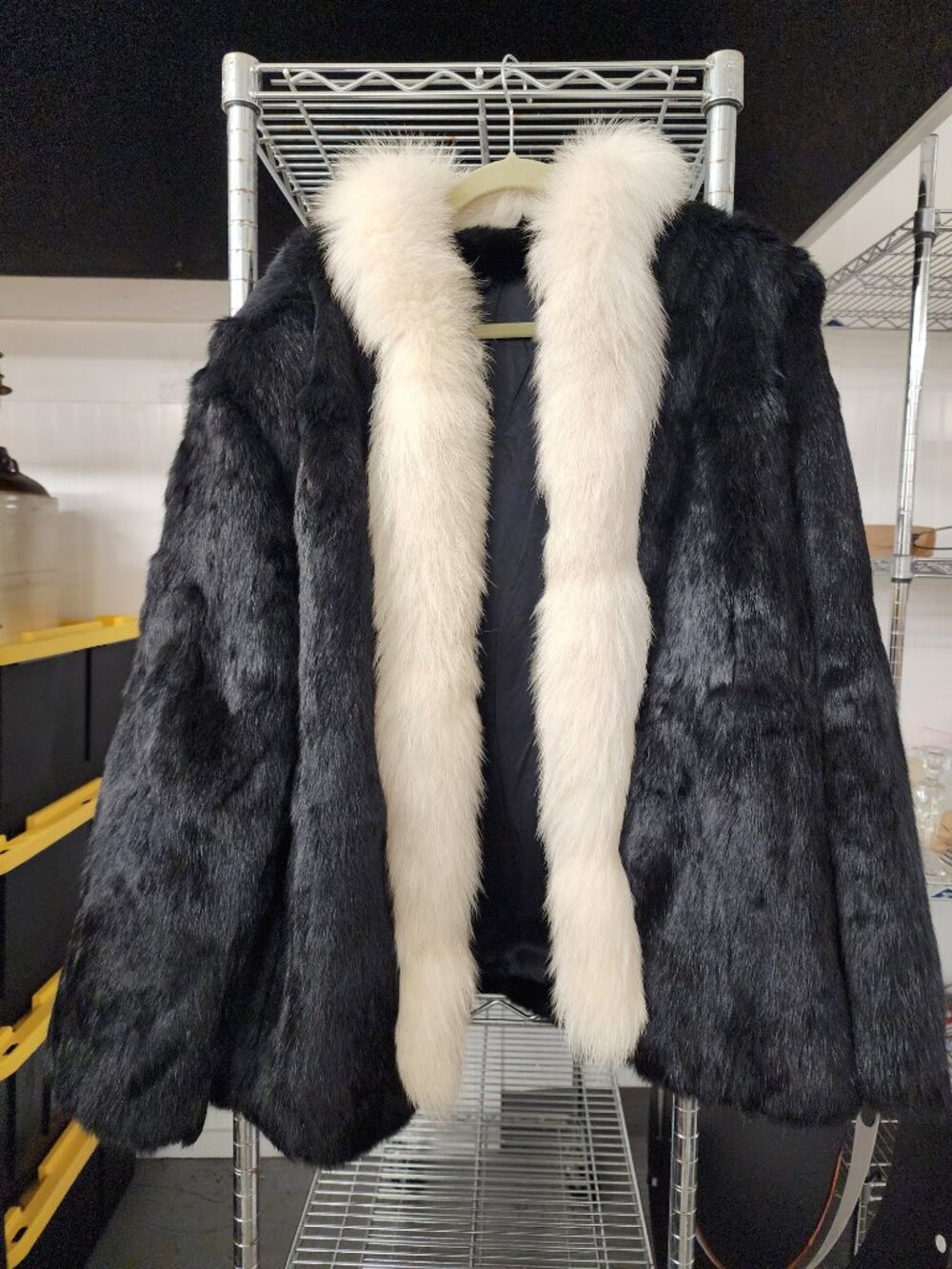 BLACK Rabbit & White Fox Fur Coat Vintage Size Large